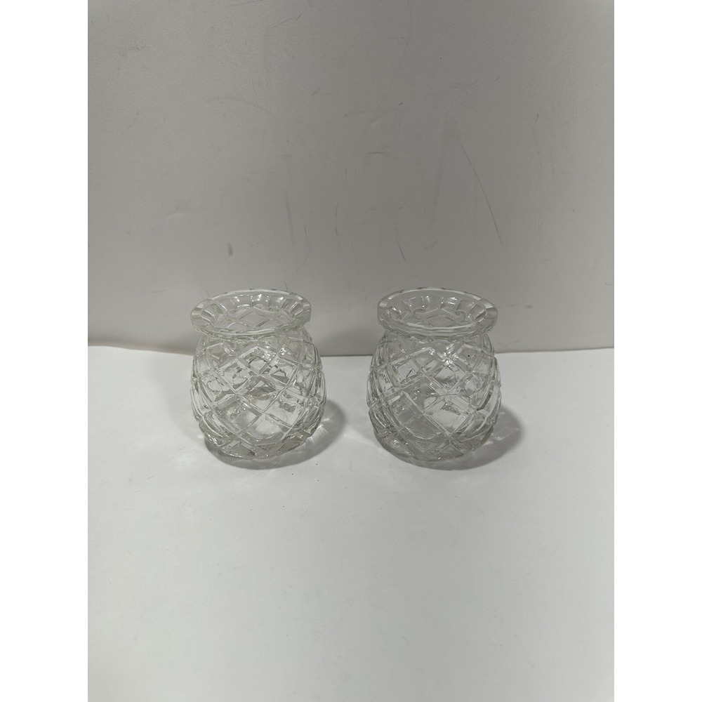 Set of 2 Pineapple‎ Cut Glass Sphere Vase Votive Candle Holder 3.6" Tall Crystal